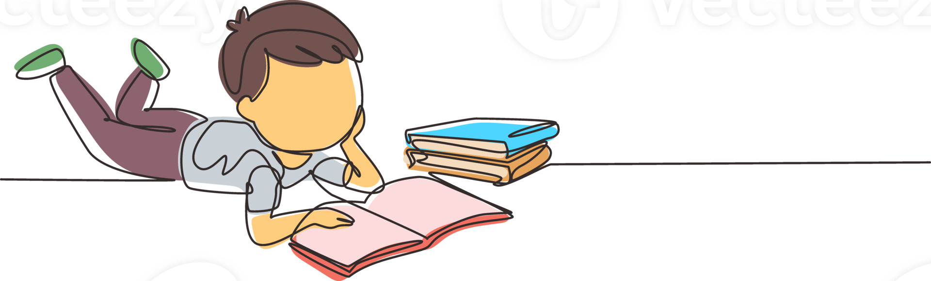 Continuous one line drawing little baby boy is reading book and dreaming lying on floor. Pile of books. Source of knowledge. Intelligent student. Single line draw design graphic illustration png