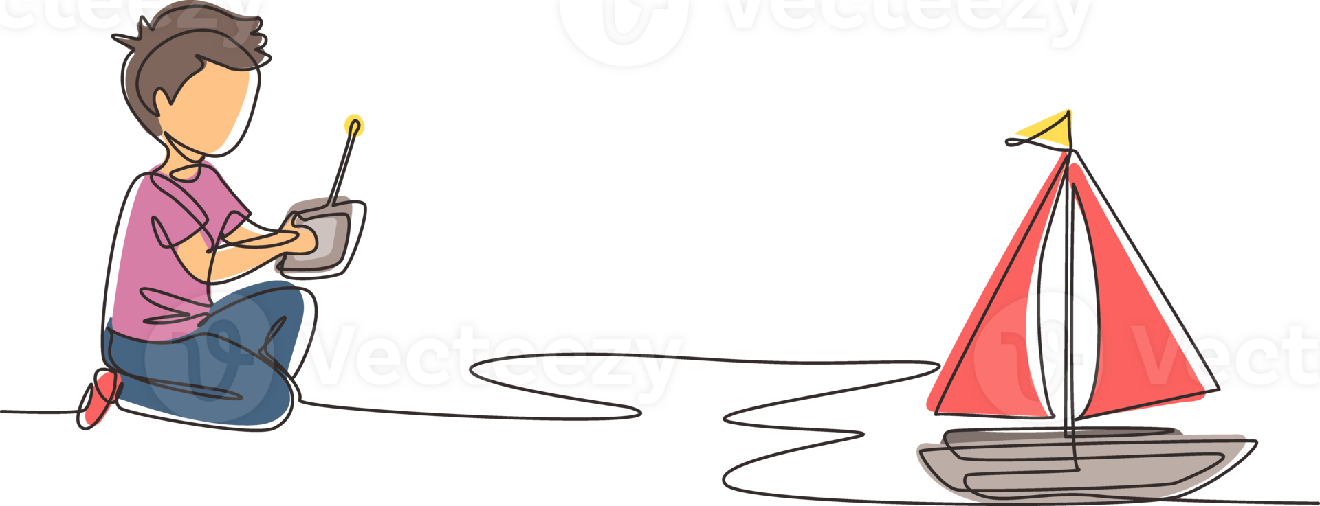 Single continuous line drawing boy playing with remote-controlled sailboat toy. Kids playing with electronic sailboat toy with remote control in hands. One line draw graphic design illustration png
