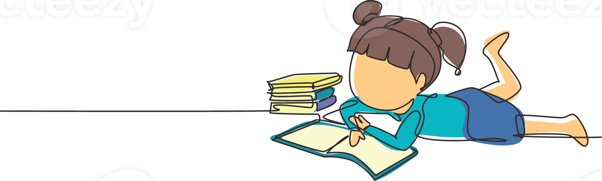 Single continuous line drawing little baby girl is reading book and dreaming lying on floor. Pile of books. Source of knowledge. Intelligent student. One line draw graphic design illustration png