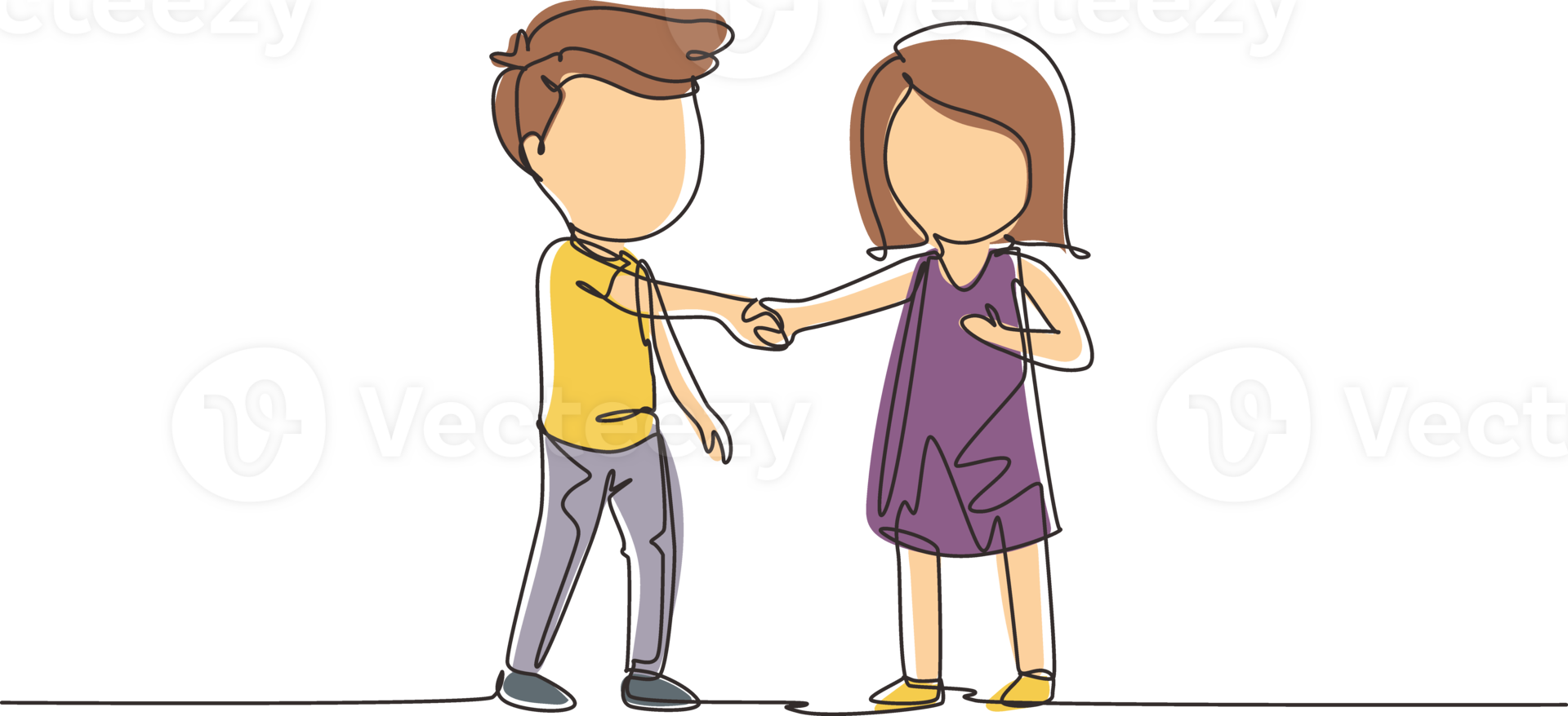 Single one line drawing boys and girls standing and shaking hands making friendship. Children introduce themselves. Kids touching each other's hand. Continuous line design graphic illustration png