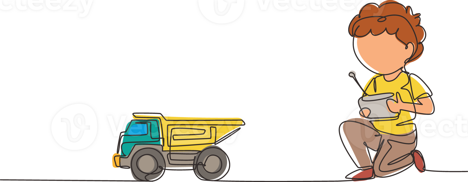Single continuous line drawing boy playing with remote-controlled dump truck toy. Cute kids playing with electronic dump truck toy with remote control in hands. One line draw graphic design png
