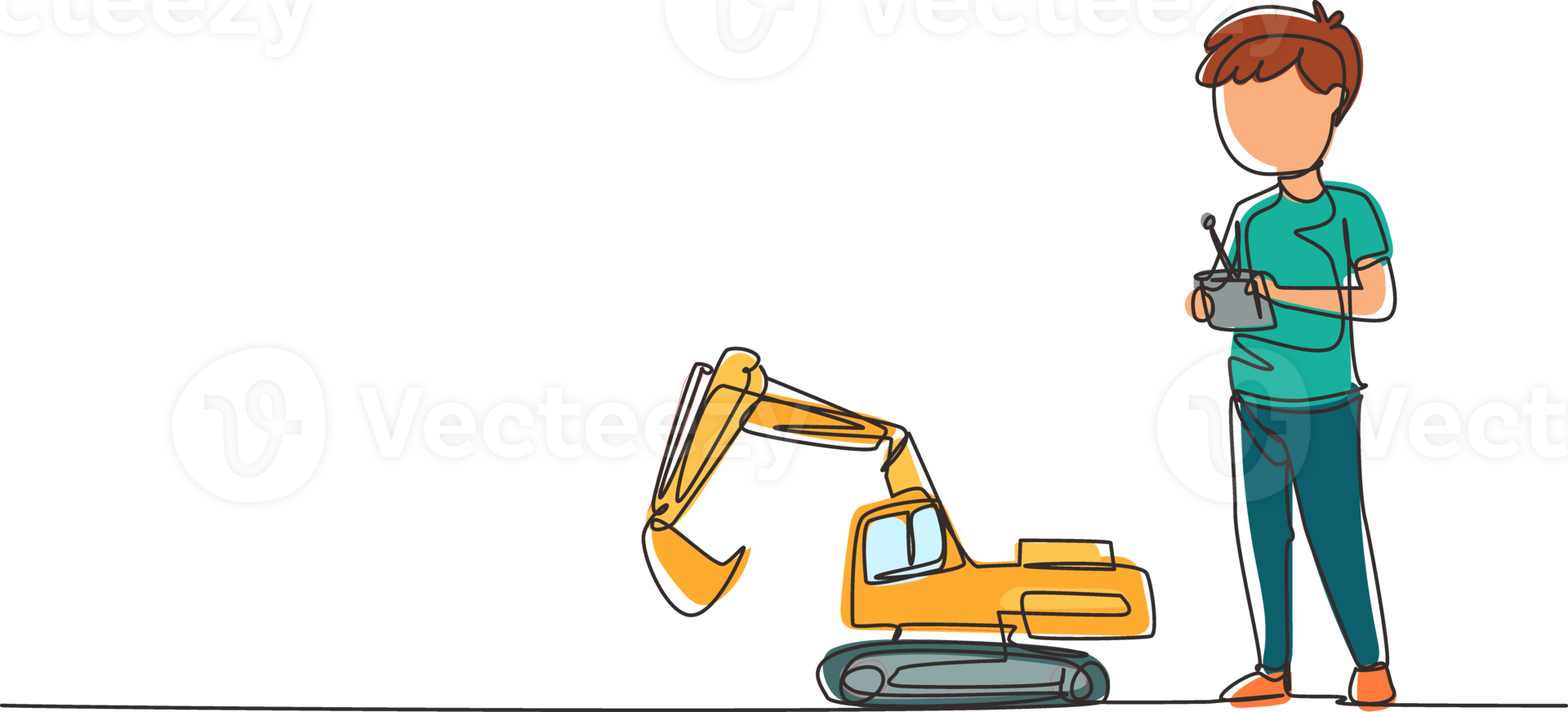 Single continuous line drawing boy playing with remote-controlled excavator toy. Kids playing with electronic toy excavator with remote control in hands. One line graphic design illustration png