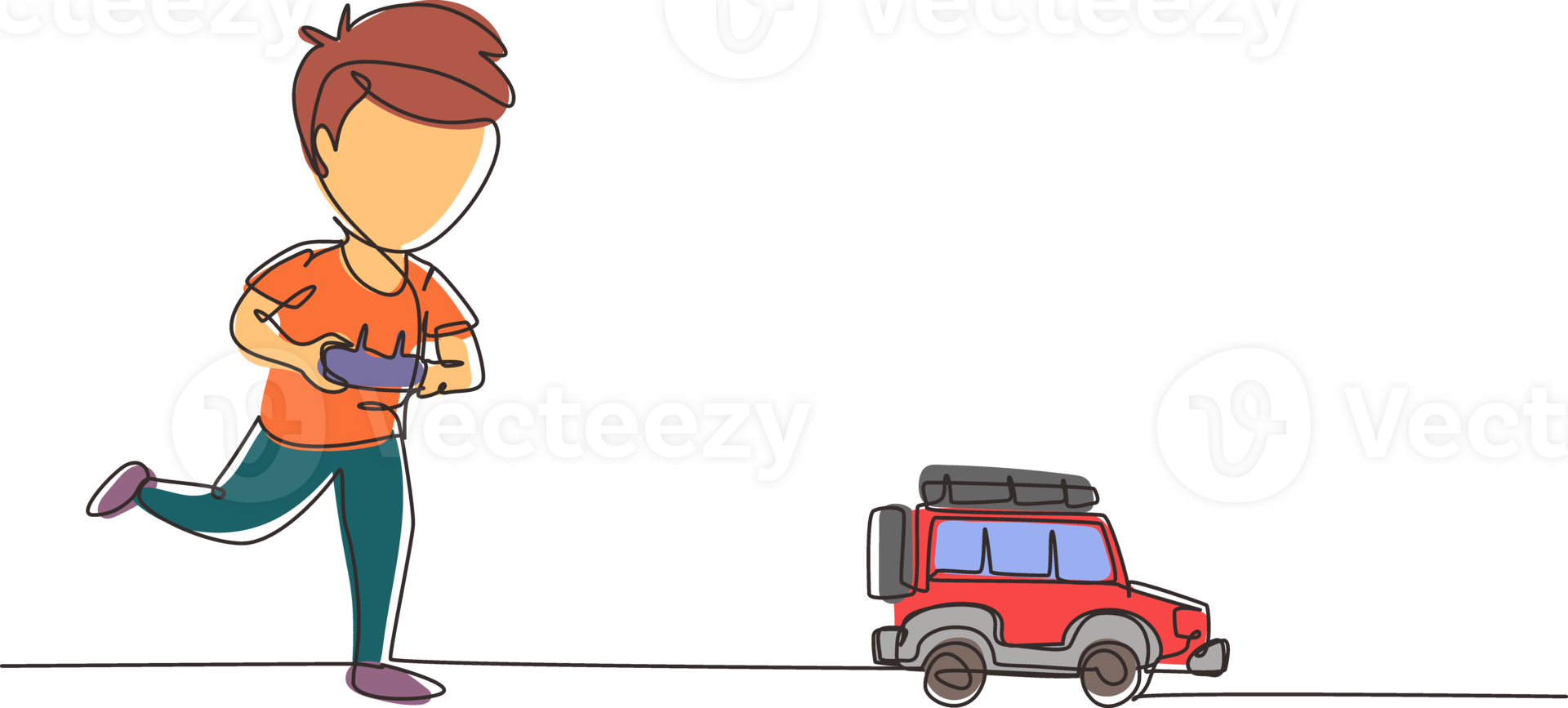 contínuo 1 linha desenhando Garoto jogando com Controlado remotamente fora estrada carro. fofa crianças jogando com eletrônico brinquedo carro com controlo remoto ao controle dentro mãos. solteiro linha desenhar Projeto gráfico ilustração png