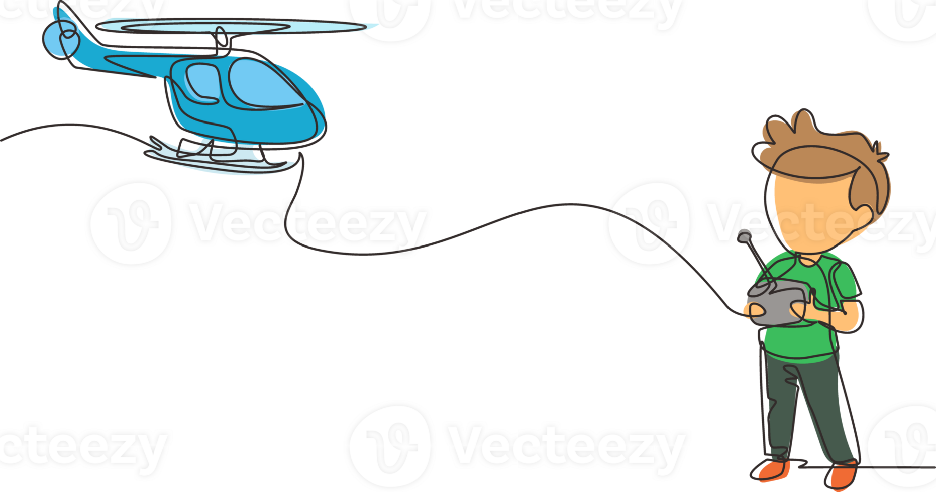 doorlopend een lijn tekening jongens spelen met radiografisch bestuurbare speelgoed- helikopter. kinderen spelen Holding rc controleurs. glimlachen opgewonden kinderen met modern rc speelgoed. single lijn trek ontwerp grafisch png