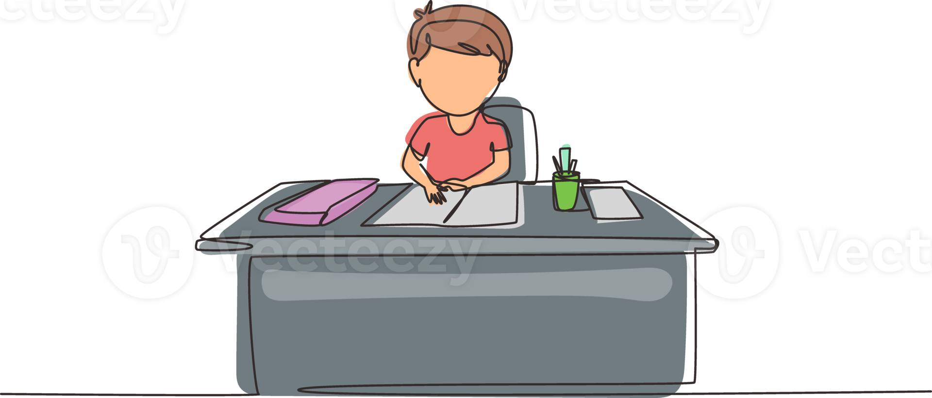 Single continuous line drawing boy studying on table with stationery such as books, pencils, pens. Kid makes homework from school. Intelligent student. One line draw graphic design illustration png