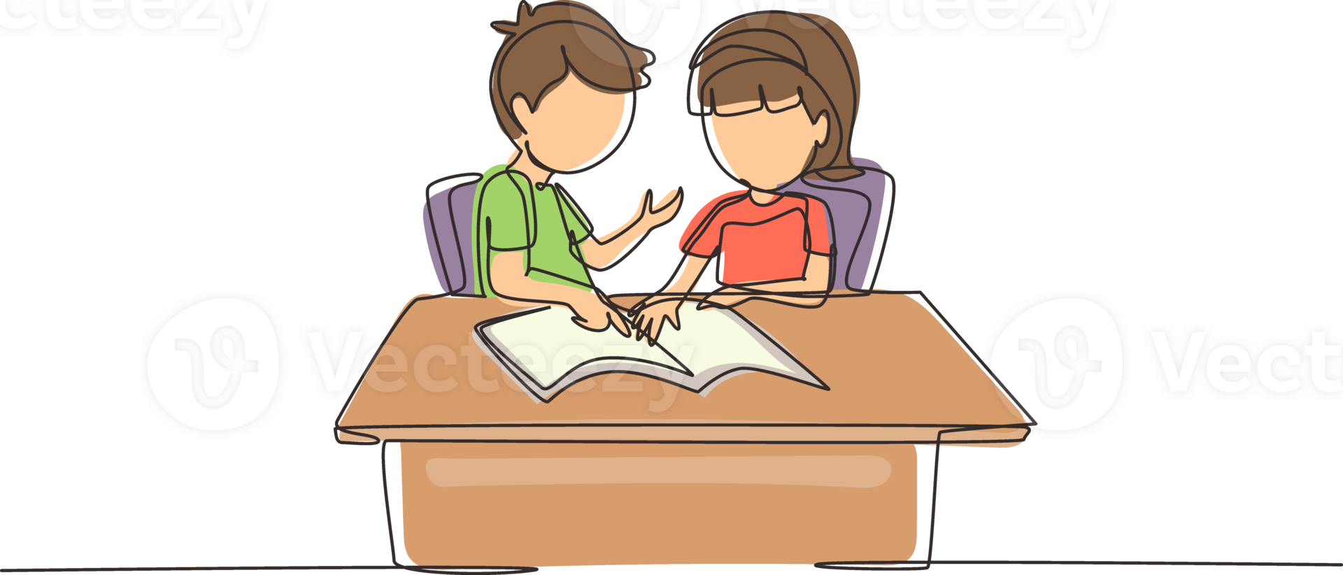 Continuous one line drawing children pupils studying together while boy explains to girl pointing at their notebook. Kids makes homework from school. Single line design graphic illustration png