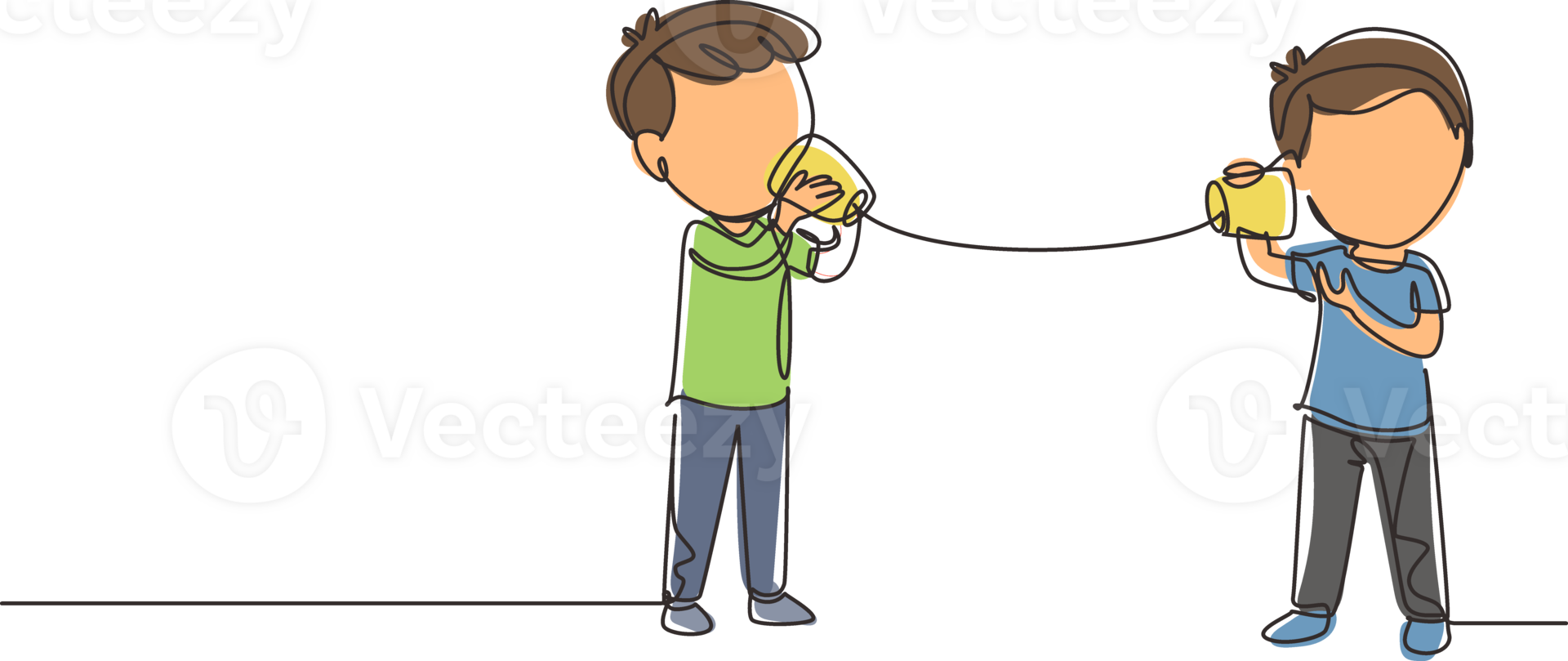 Single continuous line drawing little boys talk using string phone. Children communicating through paper cups phone. Kids playing with can telephone. One line draw graphic design illustration png