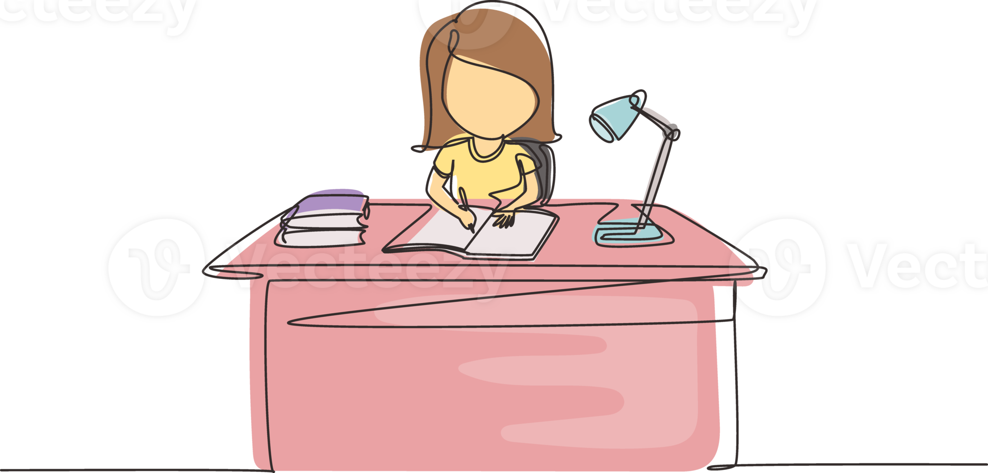 Continuous one line drawing girl studying on table with study lamp and pile of books. Kid makes homework from school. Intelligent student concept. Single line draw design graphic illustration png