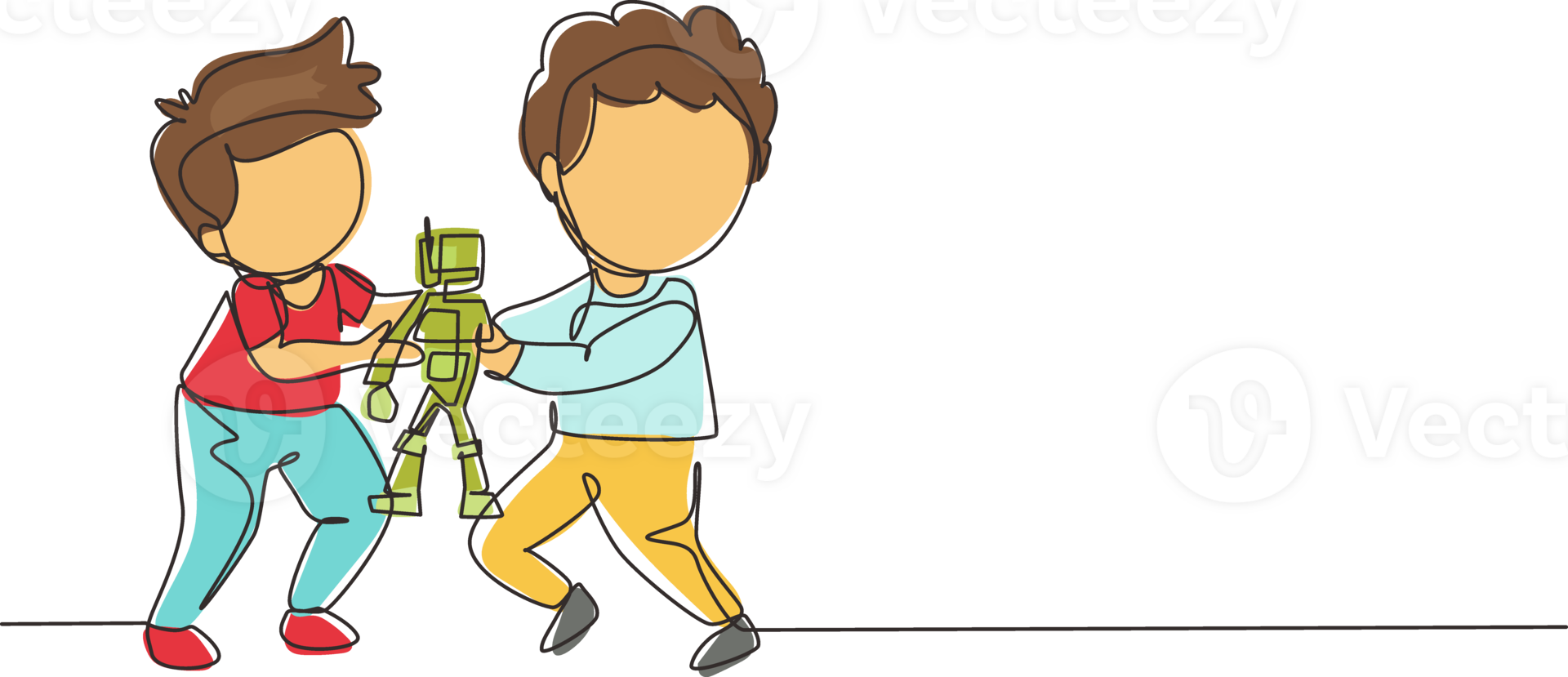 Single continuous line drawing two little boys fighting over a robot toy. Conflict between children. Kids sibling fighting in playroom because of doll. One line draw graphic design illustration png