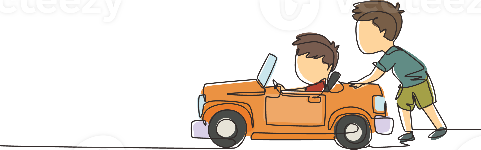Continuous one line drawing a boy is pushing his friend's car in the road. Kids play with big toy car together. Sibling having fun with at backyard. Single line draw design graphic illustration png