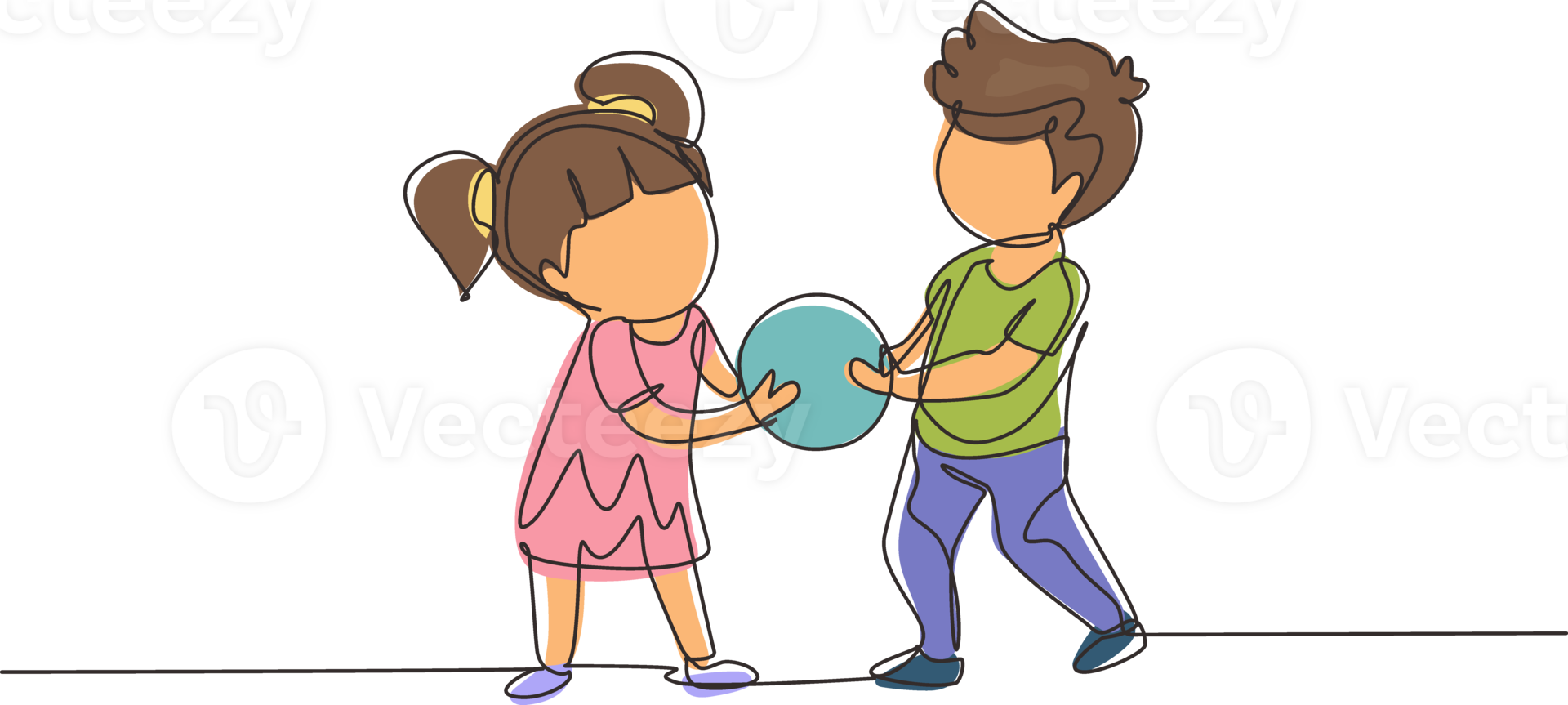 Continuous one line drawing Kids girl and boy brother sister fighting over a ball. Conflict between children. Kids sibling fighting in playroom because of toy. Single line draw design graphic png