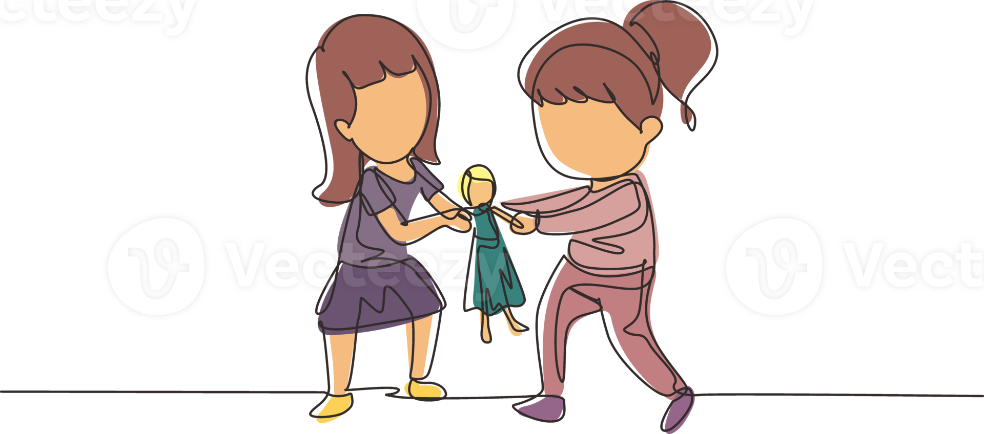 Single one line drawing two little girls fighting over a princess doll. Conflict between children. Kids sibling fighting in playroom because of toy. Modern continuous line draw design graphic png
