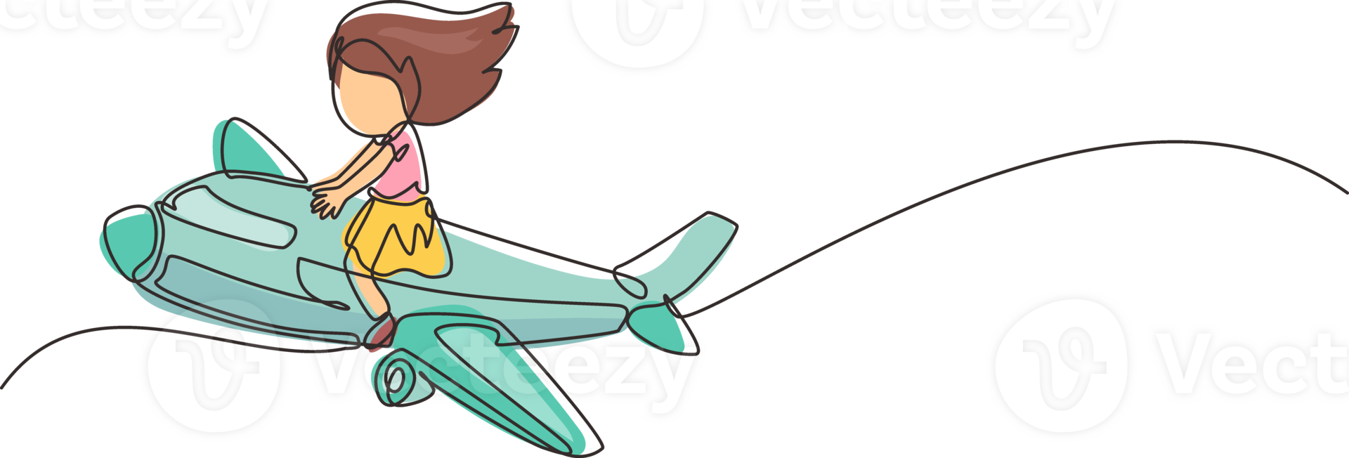 Single one line drawing cute little girl riding plane. Happy kids on airplane. Children riding airplane, summer journey, travel concept. Modern continuous line draw design graphic illustration png