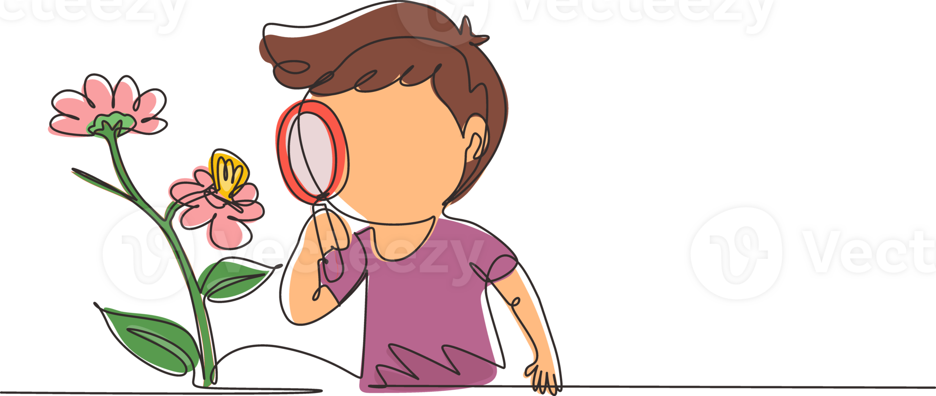 Single one line drawing little boy using magnifying glass and observing butterfly on leaf. Children observing nature. Kids activities. Modern continuous line draw design graphic illustration png