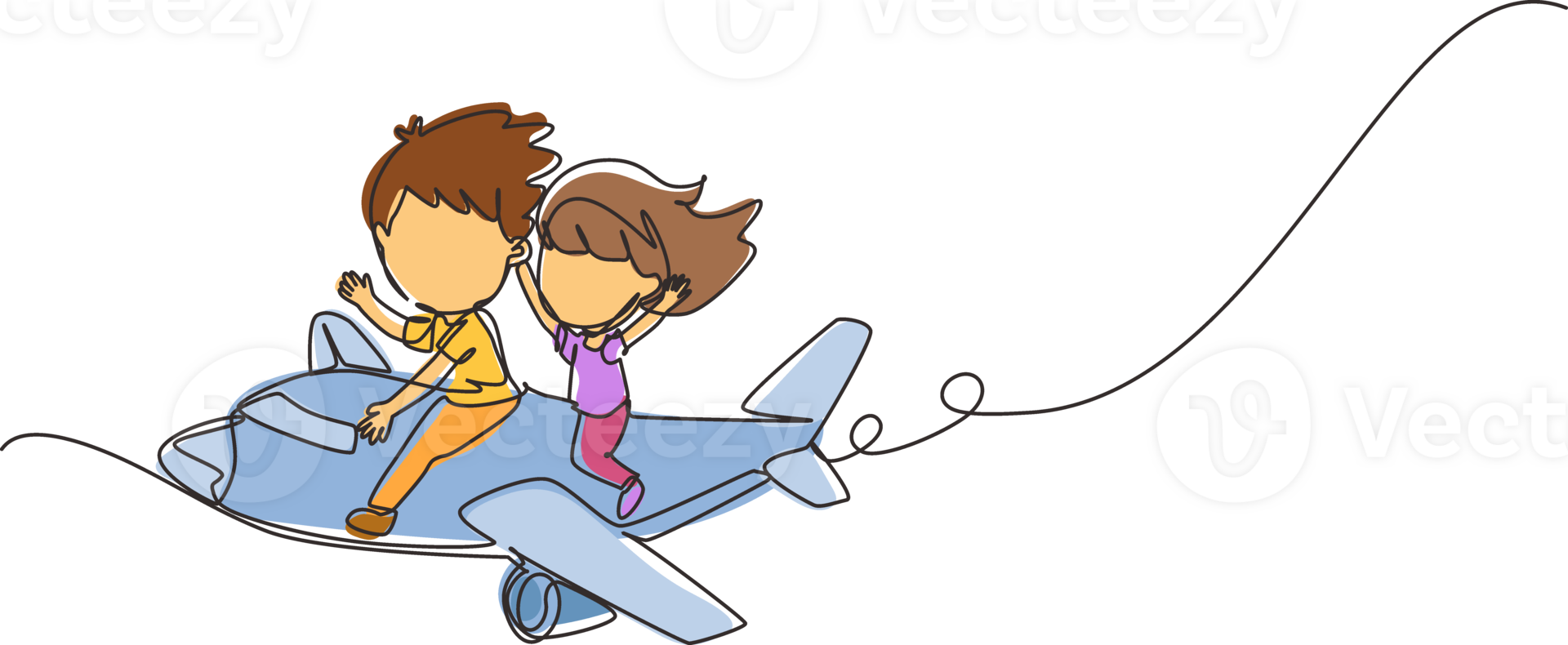 Single continuous line drawing little boys and girls riding plane. Happy kids on airplane. Children riding airplane, summer journey, travel concept. One line draw graphic design illustration png