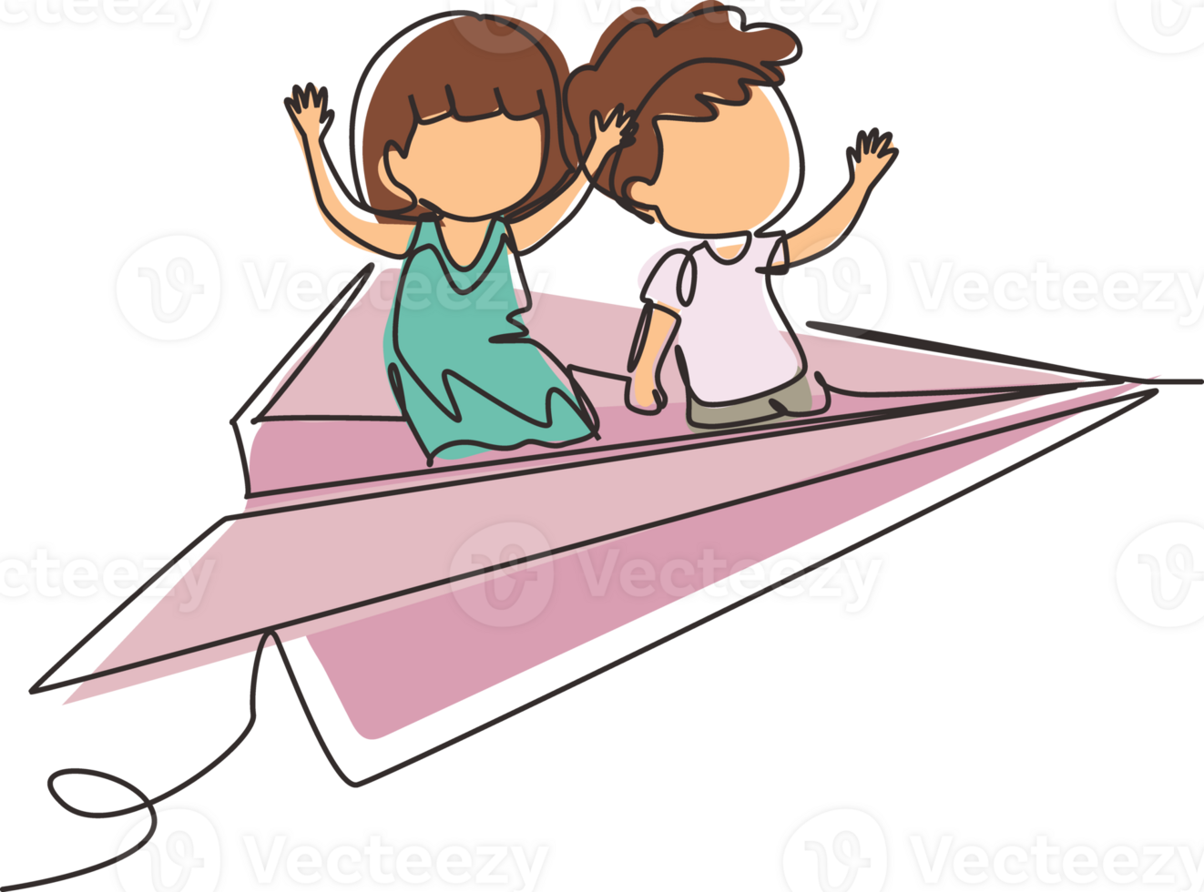 Single continuous line drawing happy boys and girls flying on paper plane. Kids flying on paper airplane together. Children back to school concept. One line draw graphic design illustration png