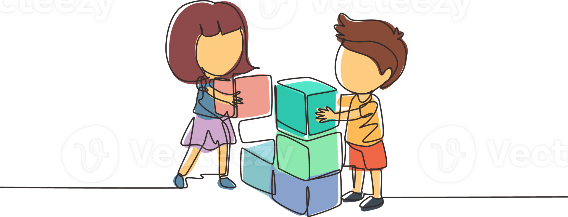 Single one line drawing little boy and girl playing blocks cube toys together. Kids play with toys brick. Educational toys. Children playing block cubes. Continuous line draw design graphic vector png