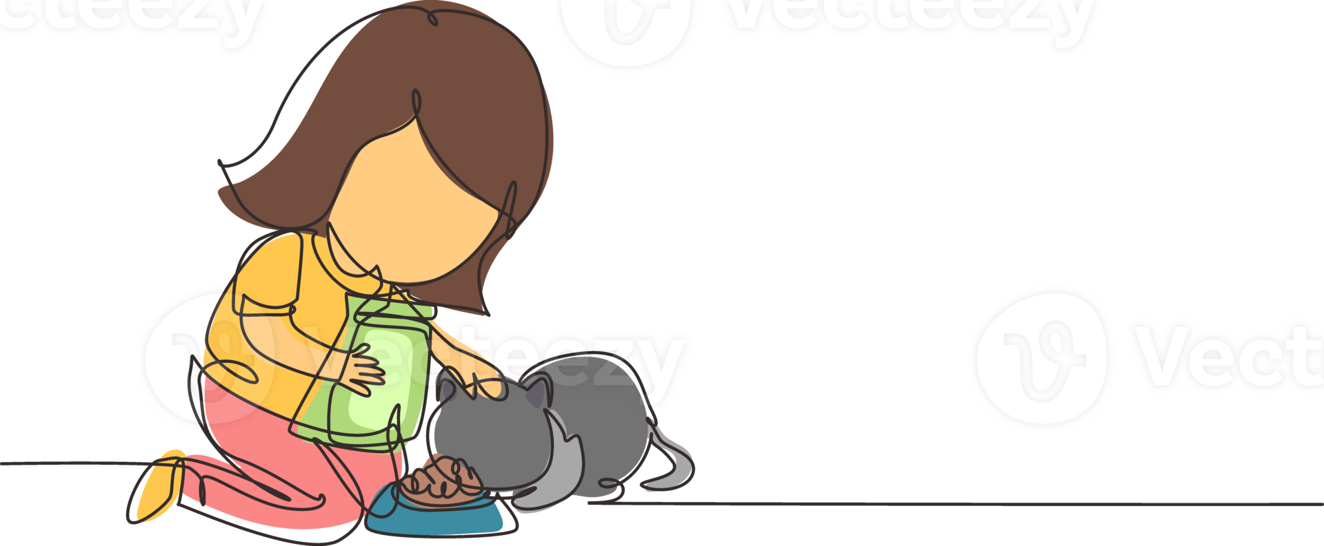 Continuous one line drawing cute smiling little girl feeding her cat at home, adorable kid caring for animal. Kids doing housework chores at home. Single line draw design graphic illustration png