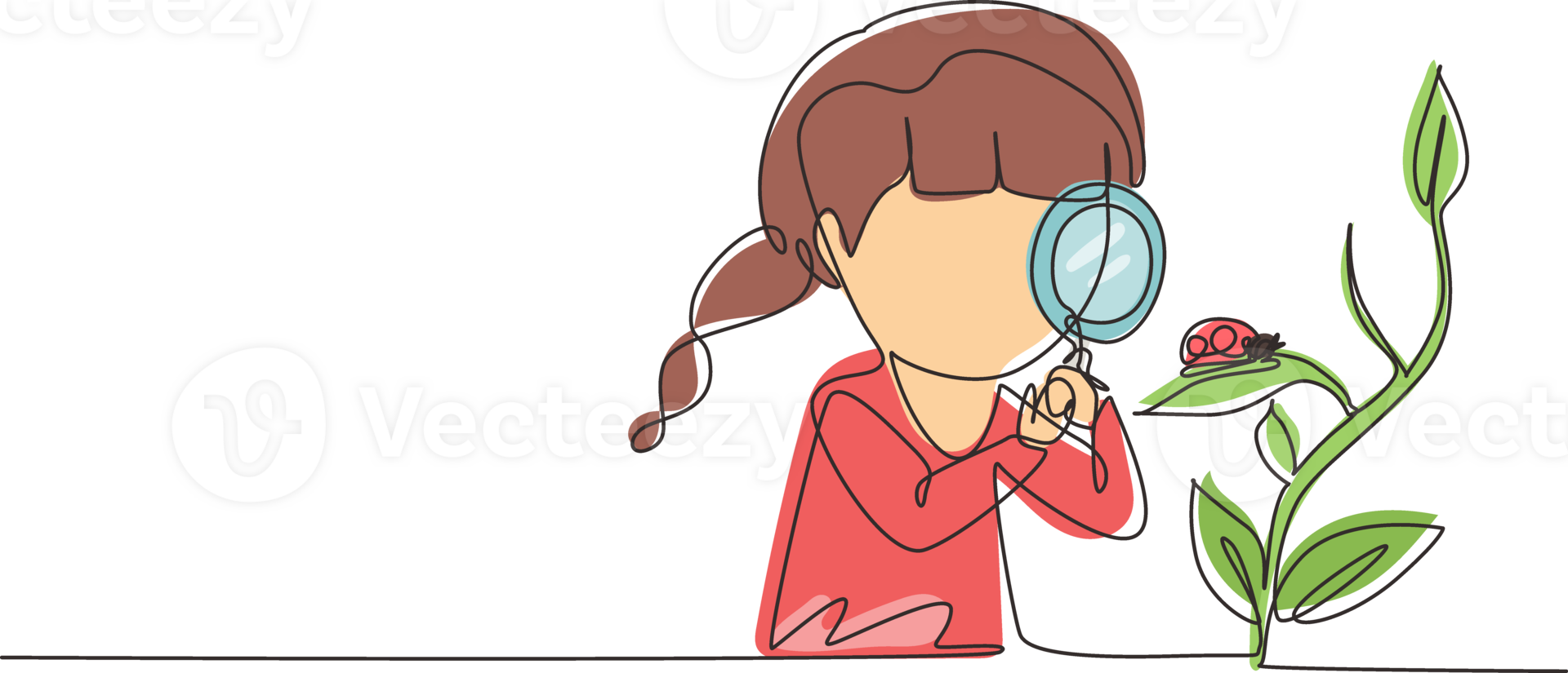 Single one line drawing little girl using magnifying glass and observing ladybug on leaf. Children observing nature. Kids activities. Modern continuous line draw design graphic illustration png