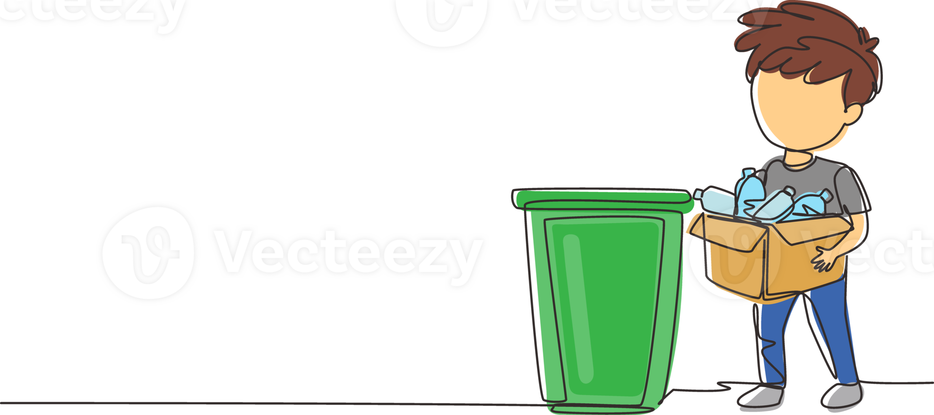 Continuous one line drawing boy gathering garbage and plastic waste for recycling. Kid picking up plastic bottles into garbage. Waste recycling for reuse. Single line draw design graphic png