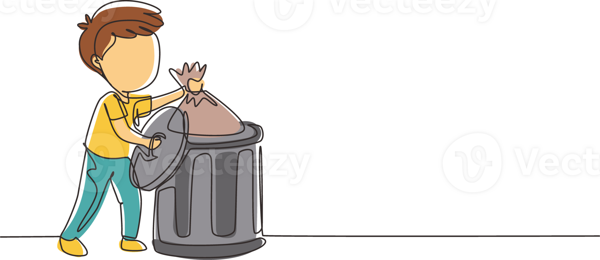 Continuous one line drawing little boy taking out the trash. Kids doing housework chores at home concept. Ecology themed. Eco education. Kids activities. Single line design graphic illustration png