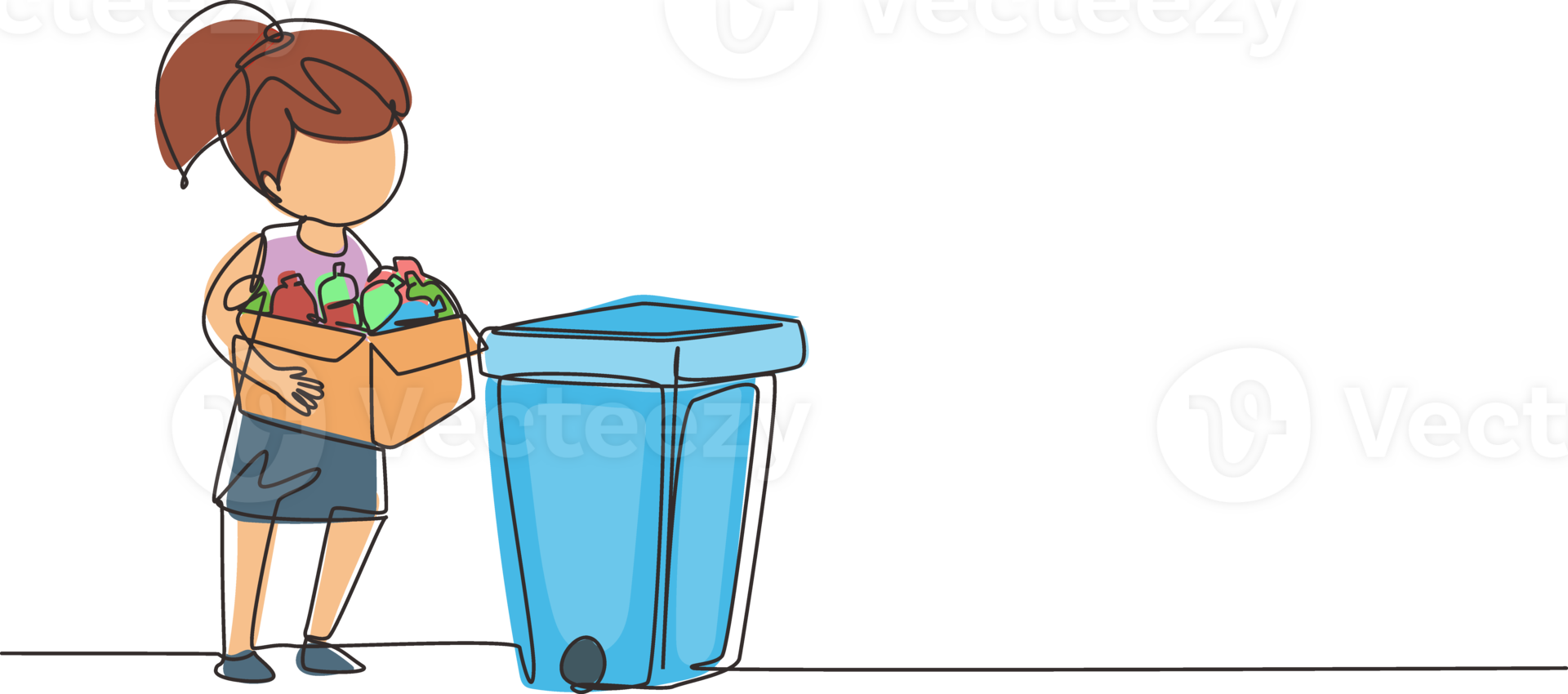 Single continuous line drawing girl gathering garbage and plastic waste