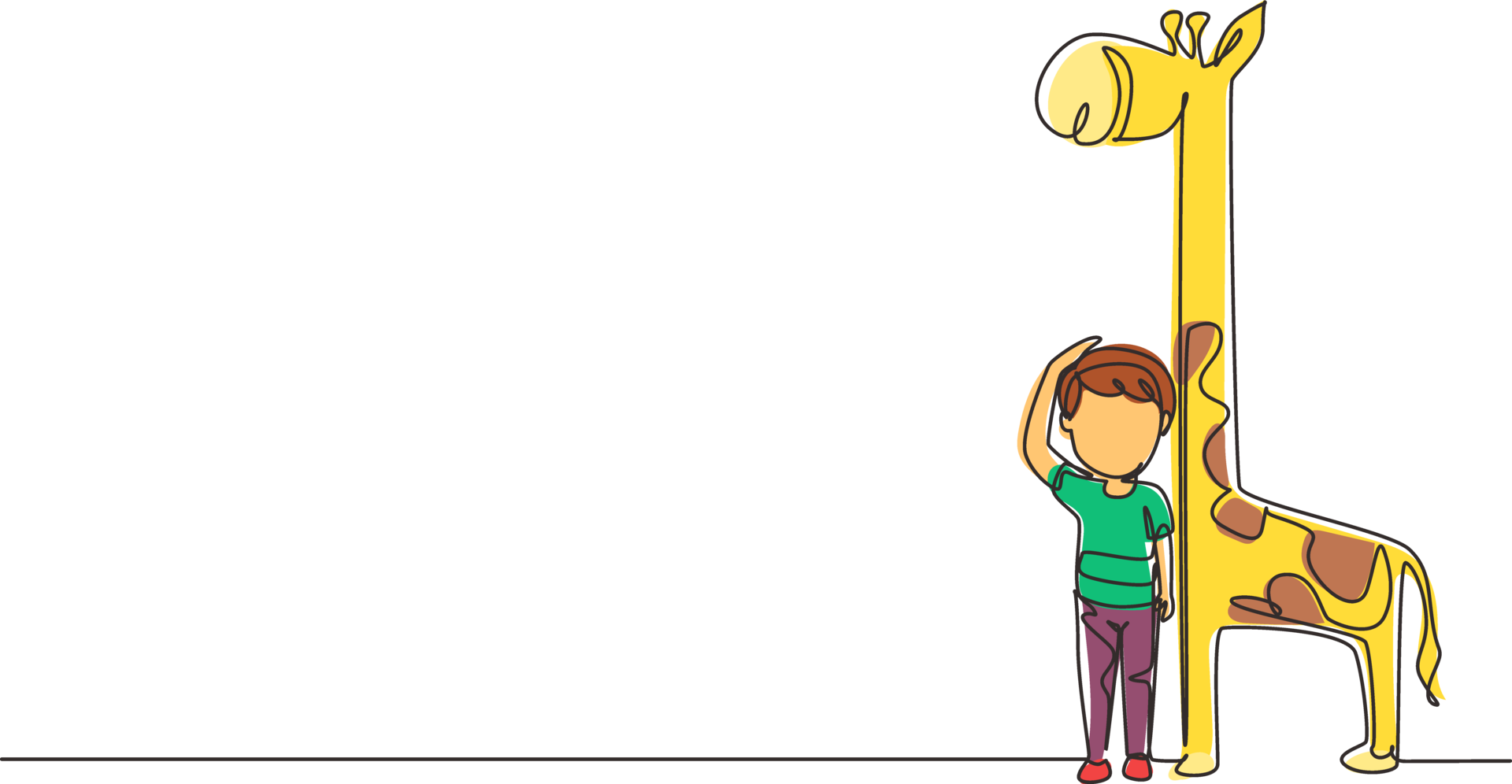 Single continuous line drawing little boy measuring his height with