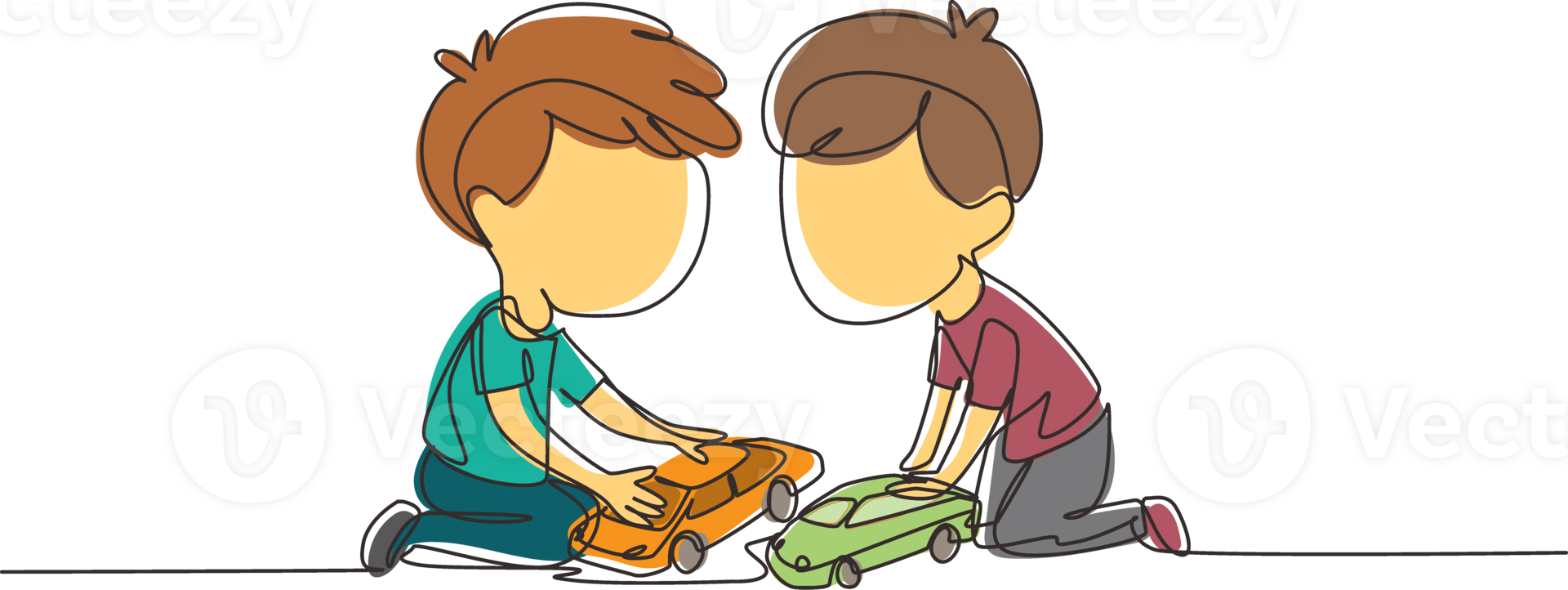 Single one line drawing two cute boys playing with their toys cars. Boy shows his toy cars to his friend. Happy kids playing together. Modern continuous line draw design graphic illustration png