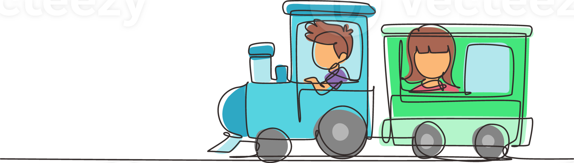 Single continuous line drawing cheerful boy and girl riding on train at amusement park. Happy kids riding toy train or having fairground ride. Children journey. One line draw graphic design png