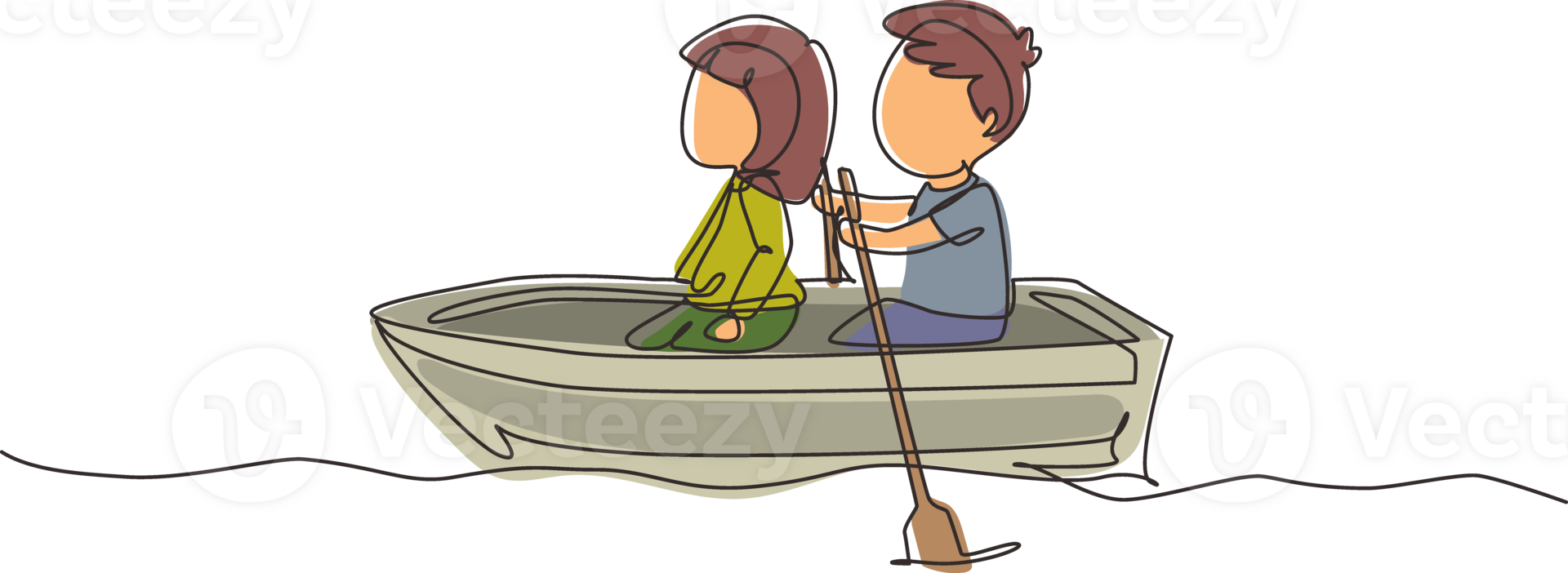 Single continuous line drawing little boy and girl riding on boat together. Kids riding on wooden boat at river. Kids rowing boat on lake. Happy children paddle boat. One line graphic design png