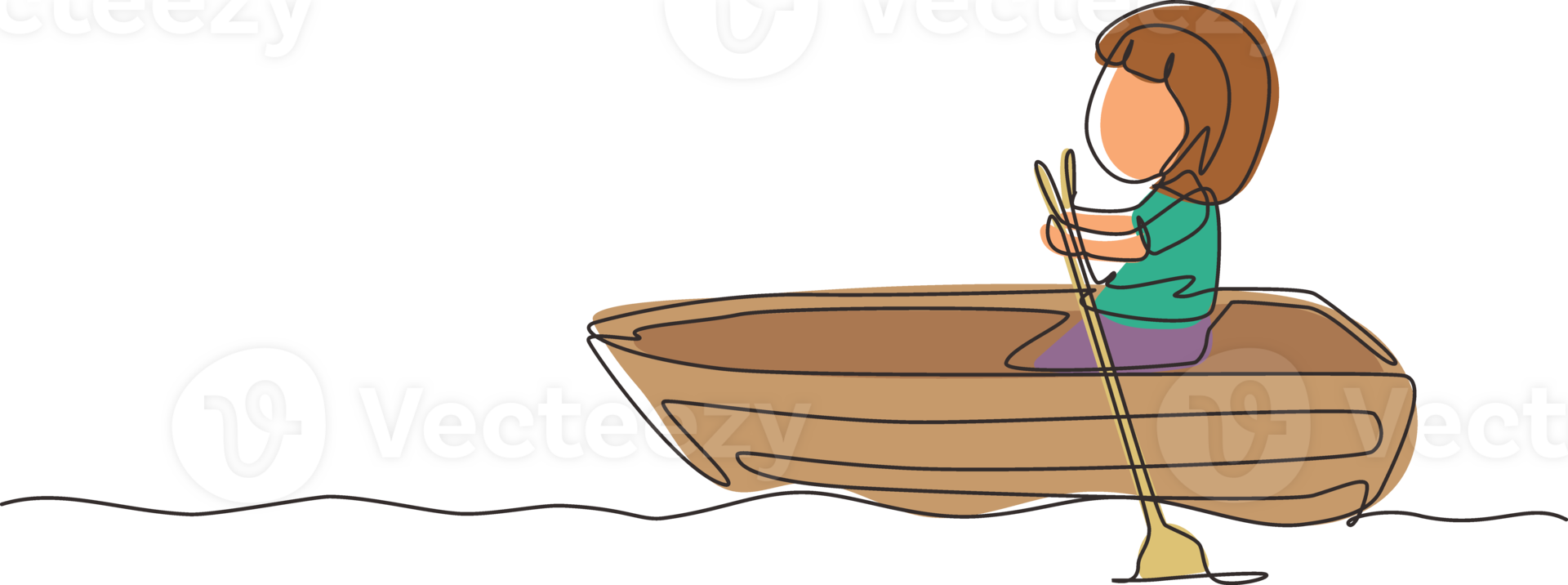 Continuous one line drawing cute little girl riding on boat at river. Kids riding on wooden boat. Kids rowing boat on lake. Happy children paddle boat. Single line design graphic illustration png