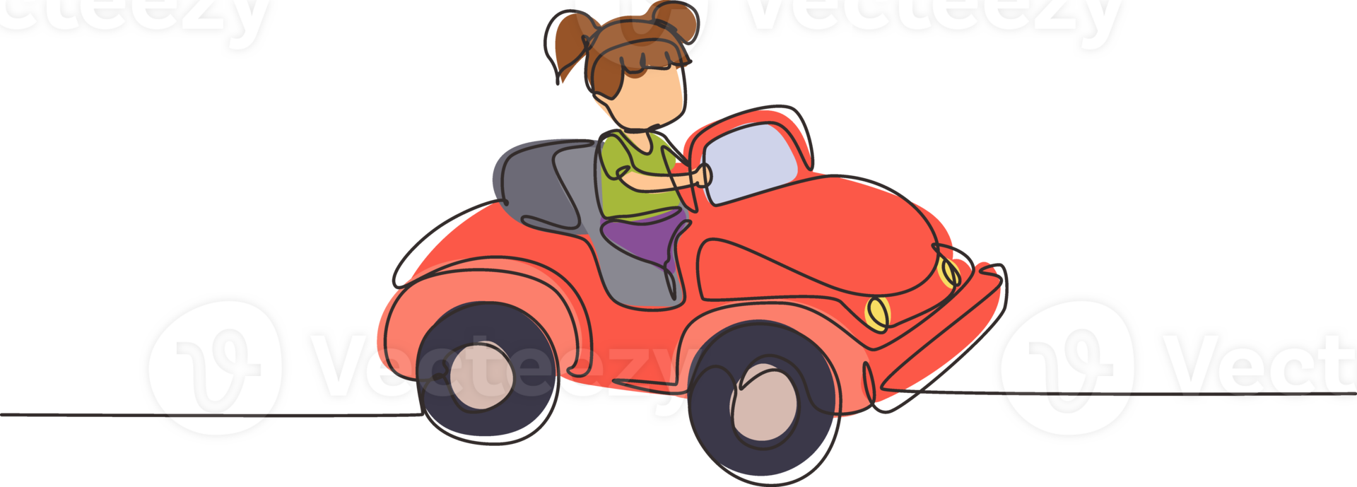 Single continuous line drawing girl driving car, happy cute child. Little girl smiling happy driving toy car. Children's trip in small car. Dynamic one line draw graphic design illustration png