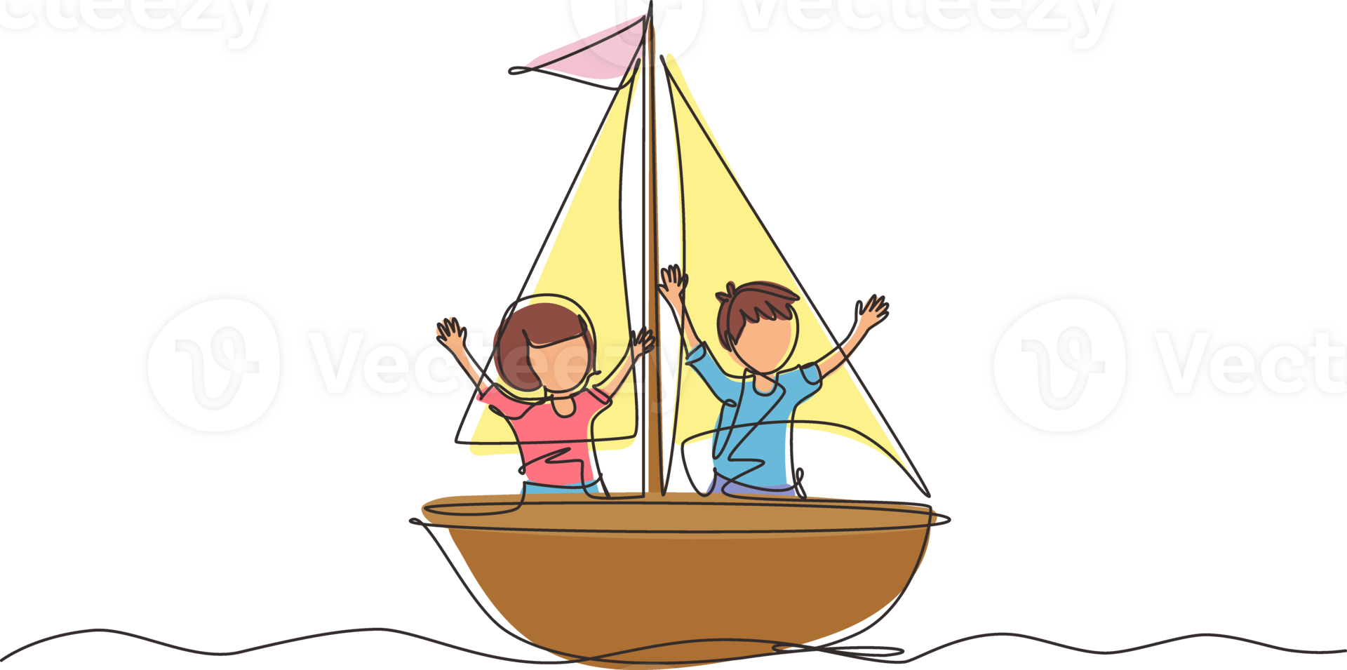 Continuous one line drawing smiling boy and girl in sailboat together. Happy kids sailing boats. Cute children on boat. Joyful adventures and travel. Single line design graphic illustration png