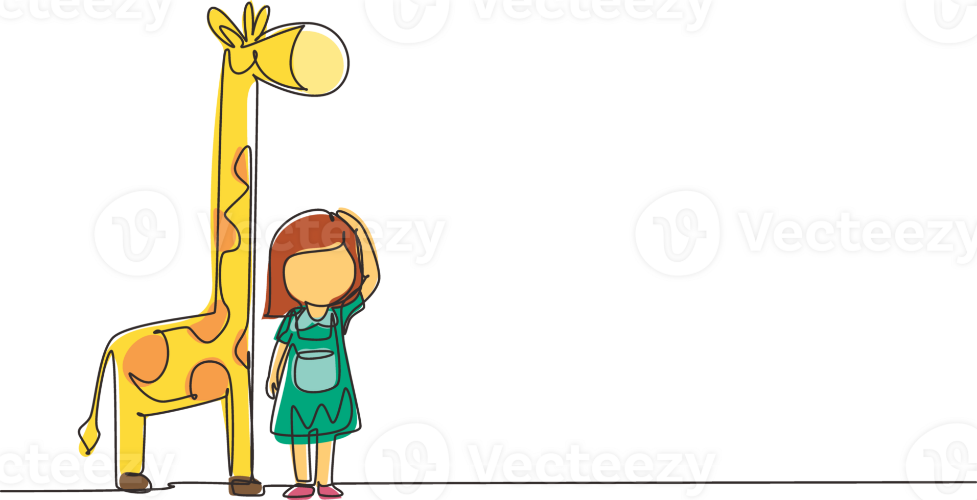 Continuous one line drawing little girl measuring her height with giraffe height chart on wall. Kid measures growth. Child measuring height concept. Single line draw design graphic illustration png