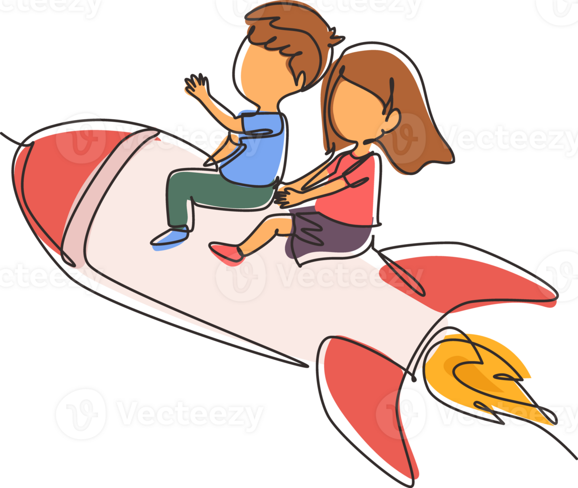 Continuous one line drawing happy boy and girl sitting on flying rocket. Preschool kids. Children sitting on rocket. Back to school. Educational. Single line draw design graphic illustration png