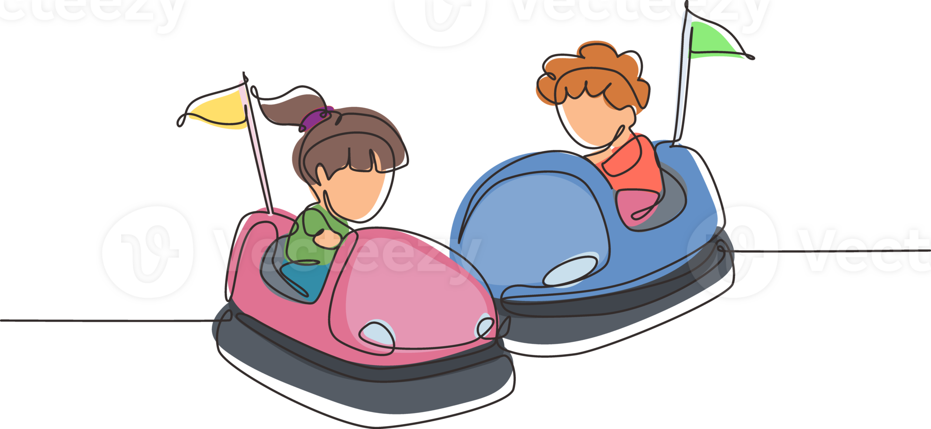 Single continuous line drawing children driving bumper car. Happy smiling boy and girl on bumper auto wheel attraction at amusement park. Enjoyment family time. One line draw graphic design png