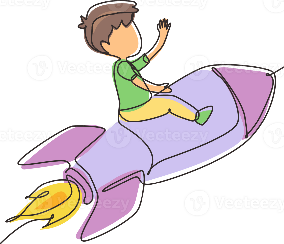 Continuous one line drawing happy boy is sitting on flying rocket. Preschool kid. Children sitting on rocket. Back to school. Educational concept. Single line draw design graphic illustration png