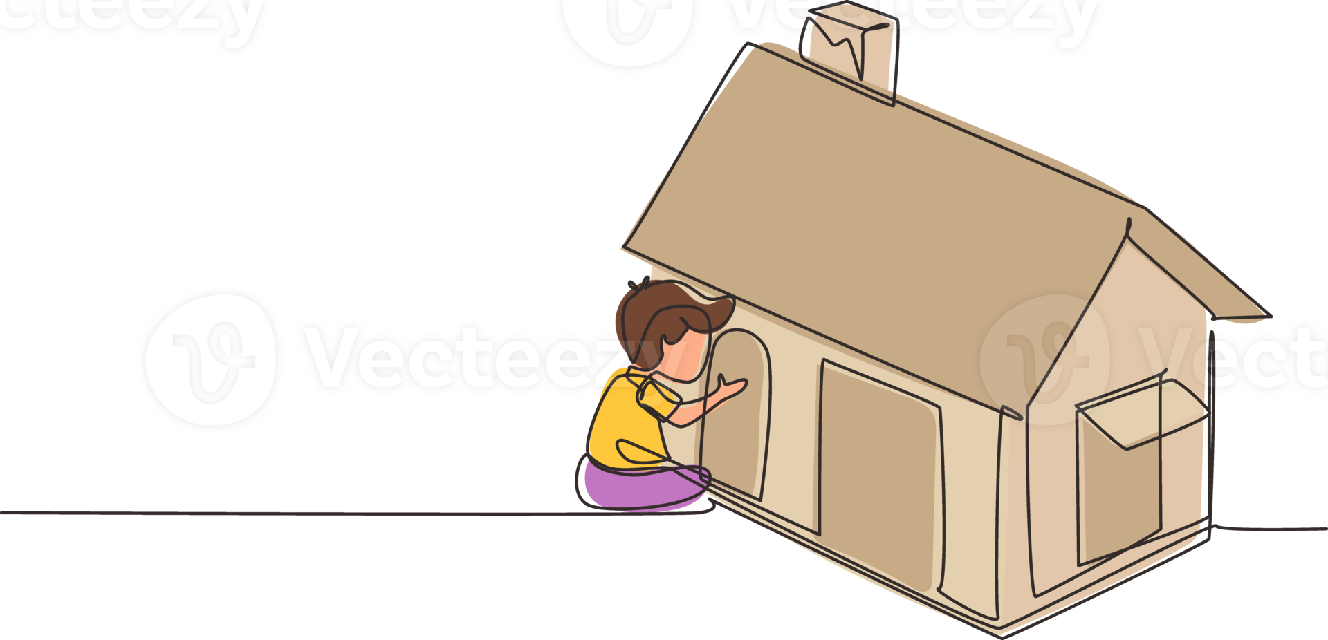 Single one line drawing cute little boy playing in house made of cardboard boxes. Creative child sitting in playhouse. Kid leisure time. Modern continuous line draw design graphic illustration png