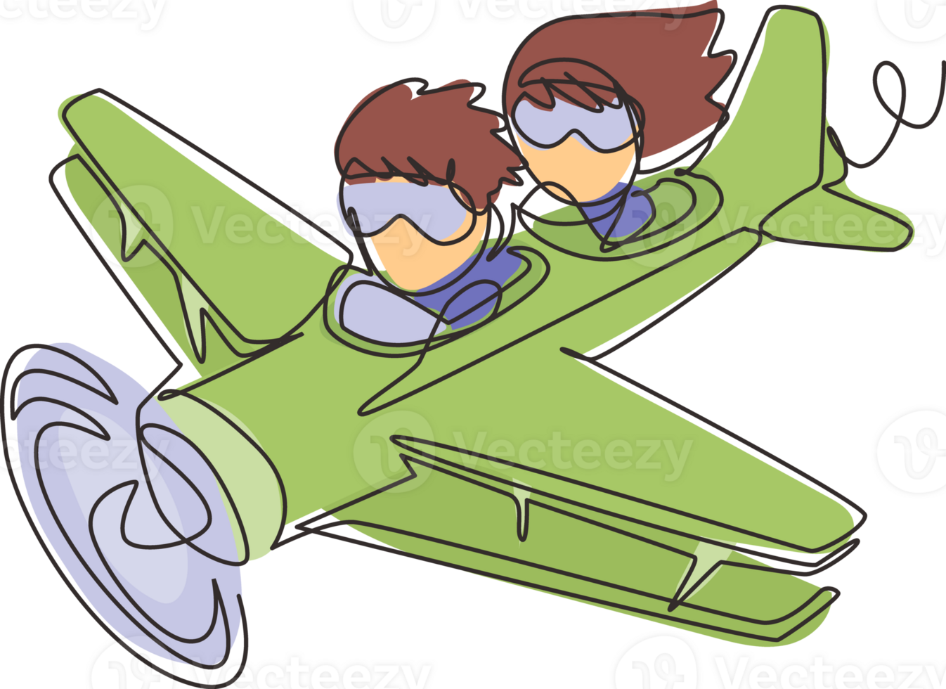 Continuous one line drawing little boy operating plane and a girl as passengers. Kids flying in airplane. Happy smiling kid flying plane like real pilot. Single line design graphic illustration png
