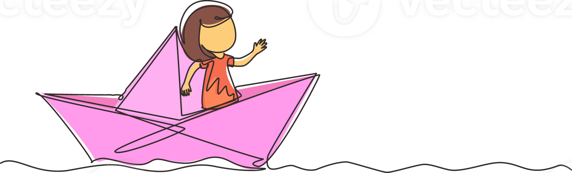 Single continuous line drawing cute smiling little girl sailing on paper boat. Happy smiling kid having fun and playing sailor in imaginary world. One line draw graphic design illustration png