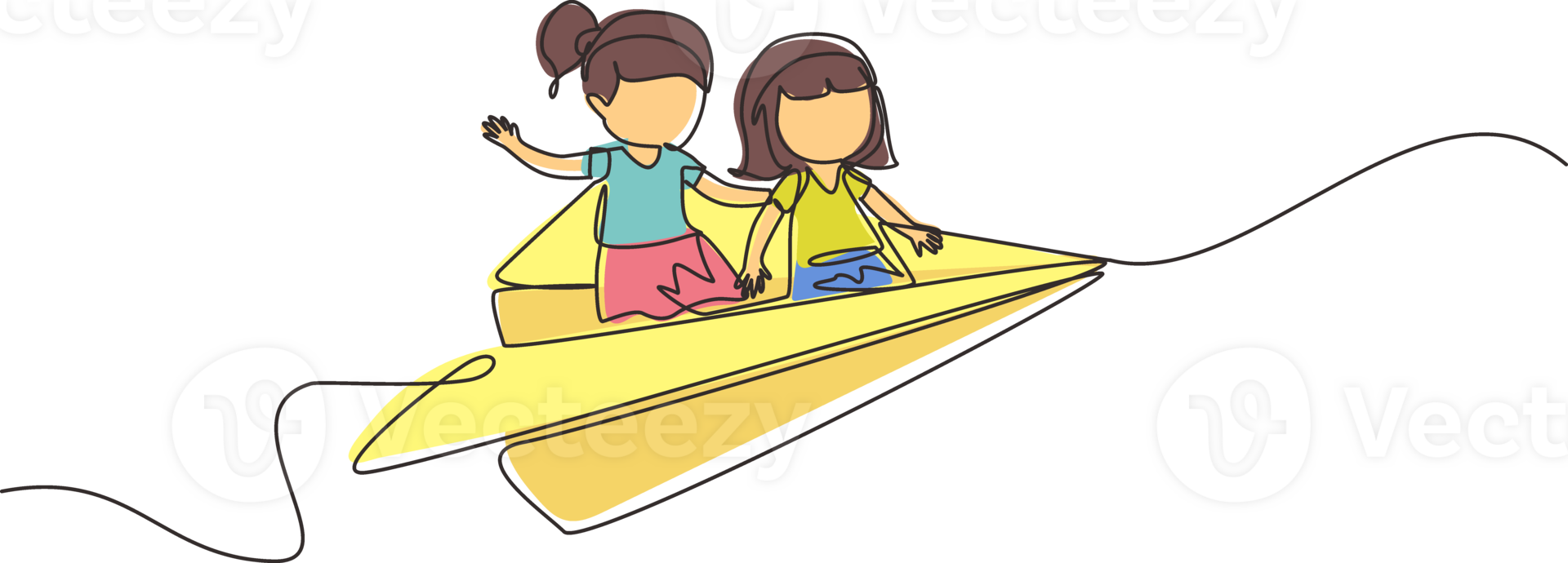 Continuous one line drawing Happy two little girls flying on paper plane. Kids flying on paper airplane together. Children back to school concept. Single line draw design graphic illustration png