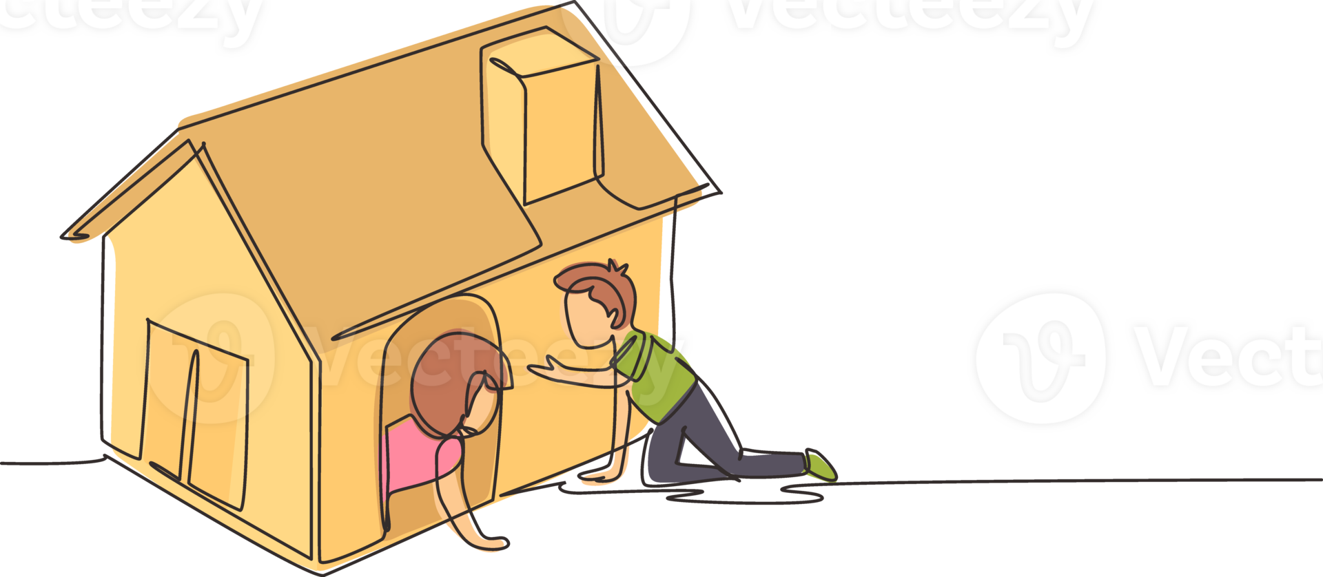 Continuous one line drawing kids playing cardboard box toy house together. Boy and girl playing in and out of toy home. Child sitting in playhouse. Single line draw design graphic illustration png