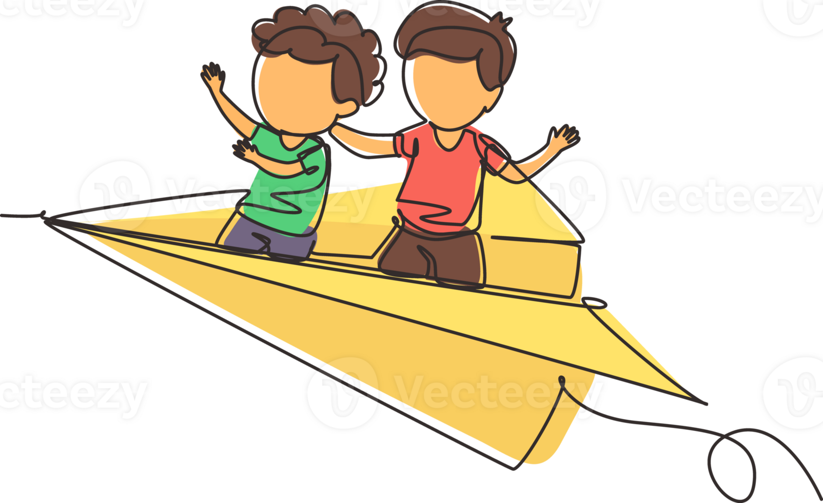 Single one line drawing happy two little boys flying on paper plane. Kids flying on paper airplane together. Children back to school concept. Continuous line draw design graphic illustration png