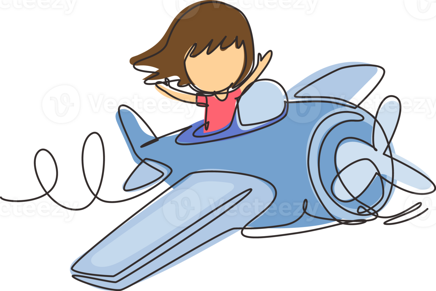 Single one line drawing little girl operating plane. Kids flying in airplane. Happy smiling kid flying plane like real pilot and dreaming of piloting profession. Continuous line draw design graphic png