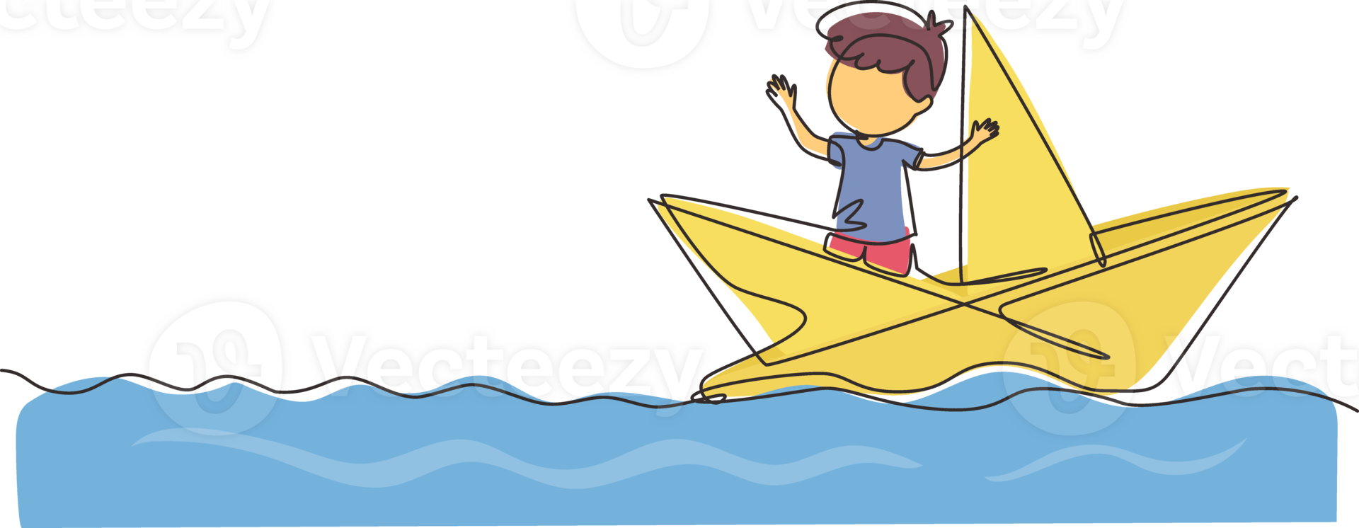 Continuous one line drawing cute smiling little boy sailing on paper boat. Happy smiling kid having fun and playing sailor in imaginary world. Single line draw design graphic illustration png