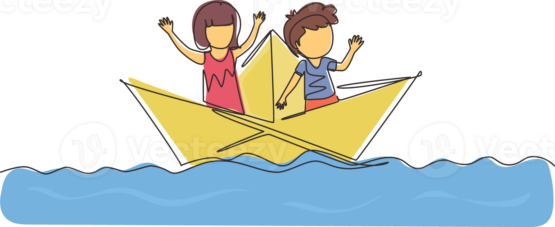 Single continuous line drawing cute boys and girls floating on paper boat on the water. Happy smiling kid having fun and playing sailor in imaginary world. One line graphic design illustration png