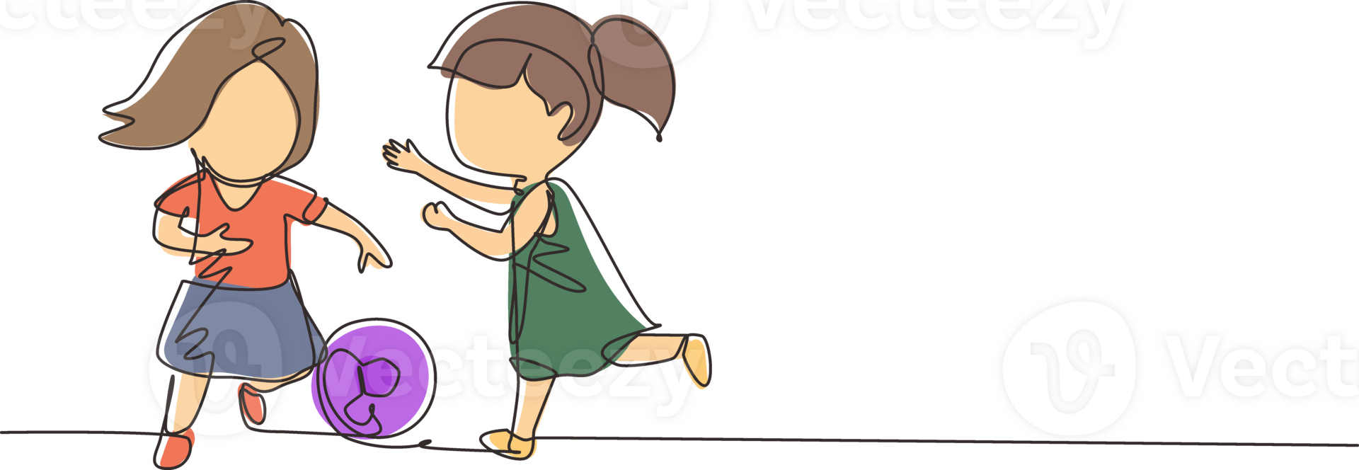 Continuous one line drawing girls playing football together. Two happy little kids playing sport at playground. Smiling children kicking ball by foot between them. Single line design graphic png