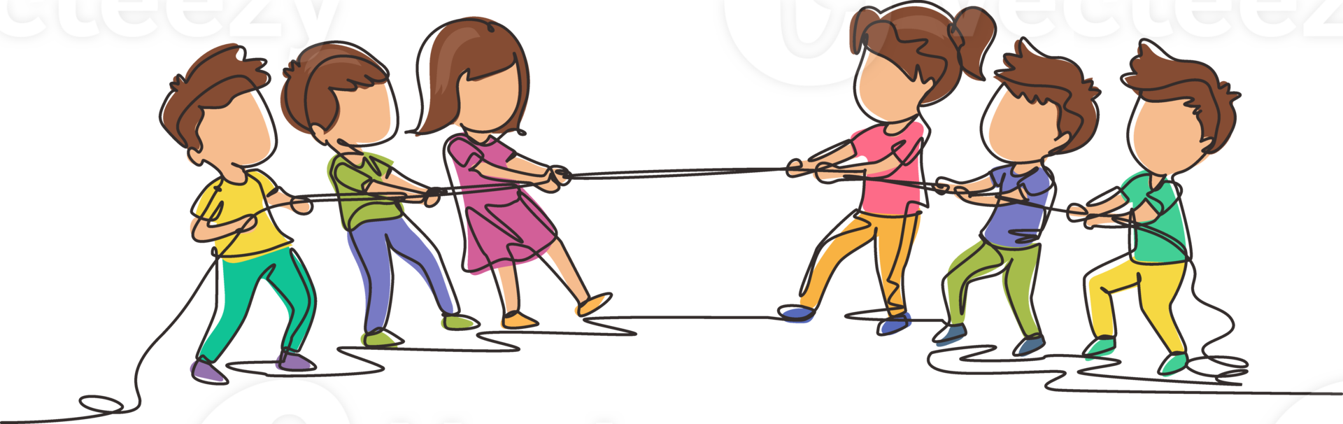 Continuous one line drawing group of children playing tug of war. Kids playing tug of war at park. Girls and boys pull rope, outdoor child games. Single line draw design graphic illustration png