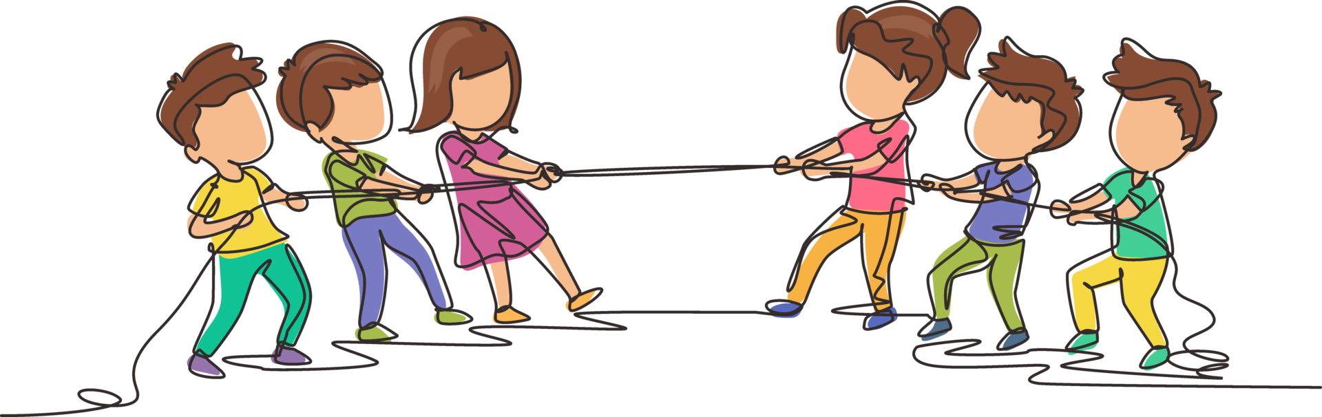 Continuous one line drawing group of children playing tug of war. Kids