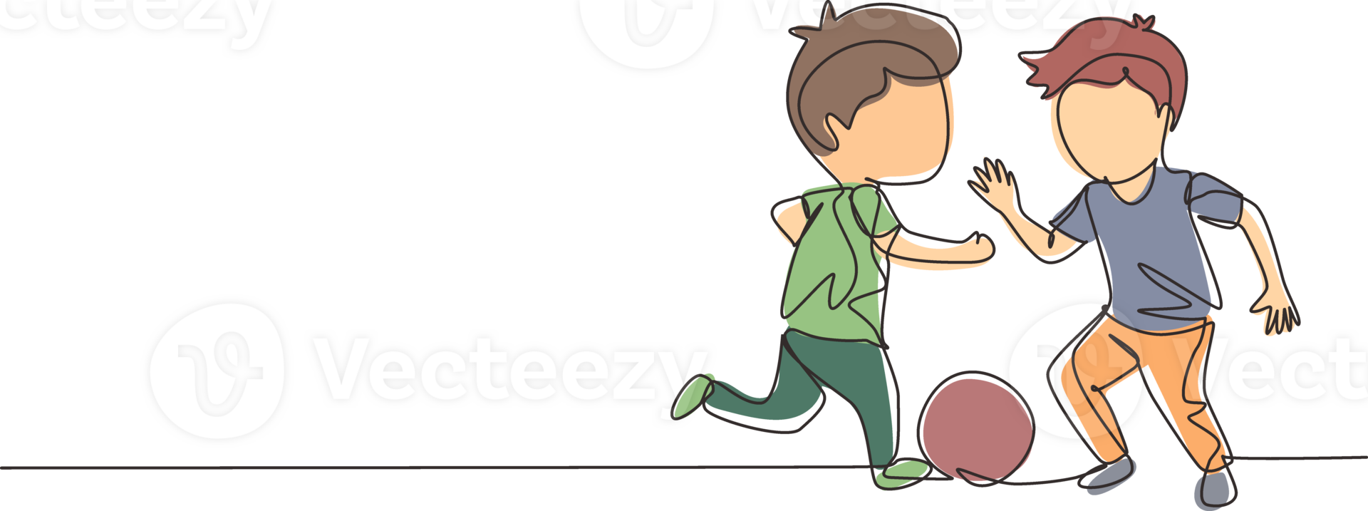 Single one line drawing boys playing football together. Two happy little kids playing sport in uniforms. Smiling children kicking ball by foot between them. Continuous line draw design graphic vector png